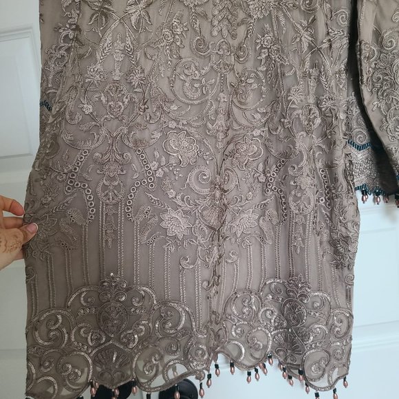 Beige and Teal Embroidered Desi Suit - Picture 3 of 4